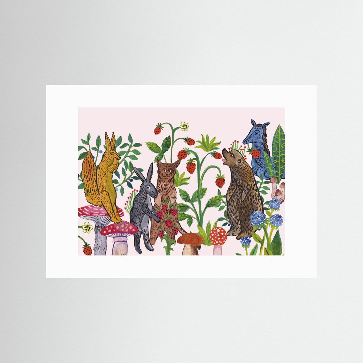 Mushroom Picking Folk Art Woodland Illustrated Framed Fine Art Print