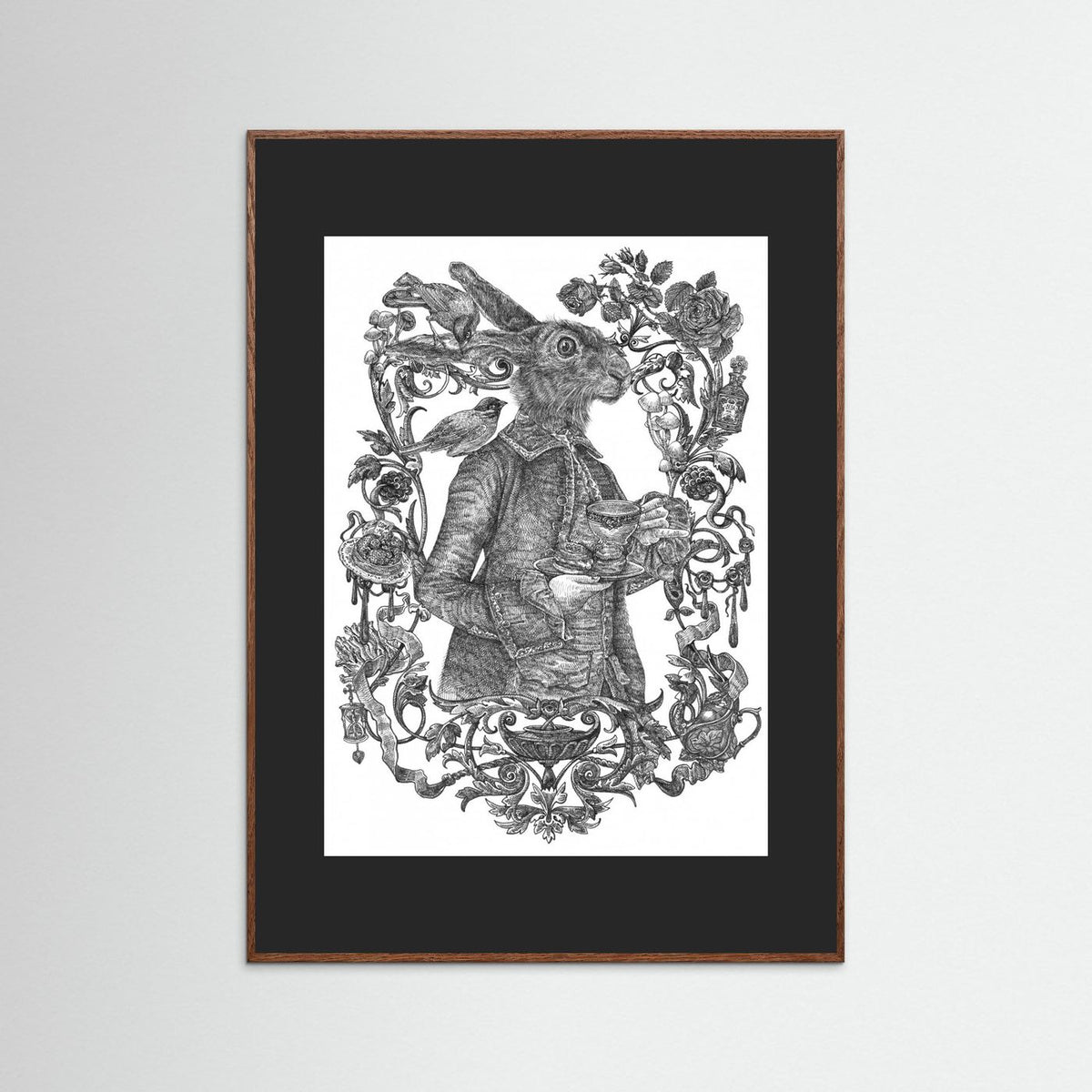 March Hare Vintage Illustration Black & White Framed Fine Art Print