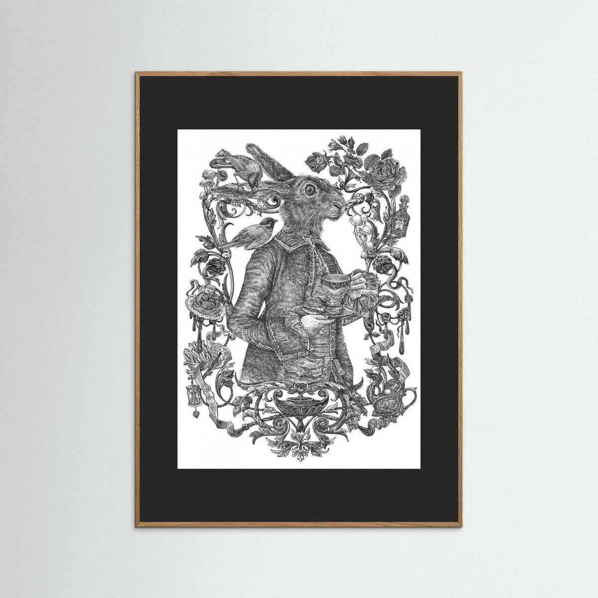 March Hare Vintage Illustration Black & White Framed Fine Art Print