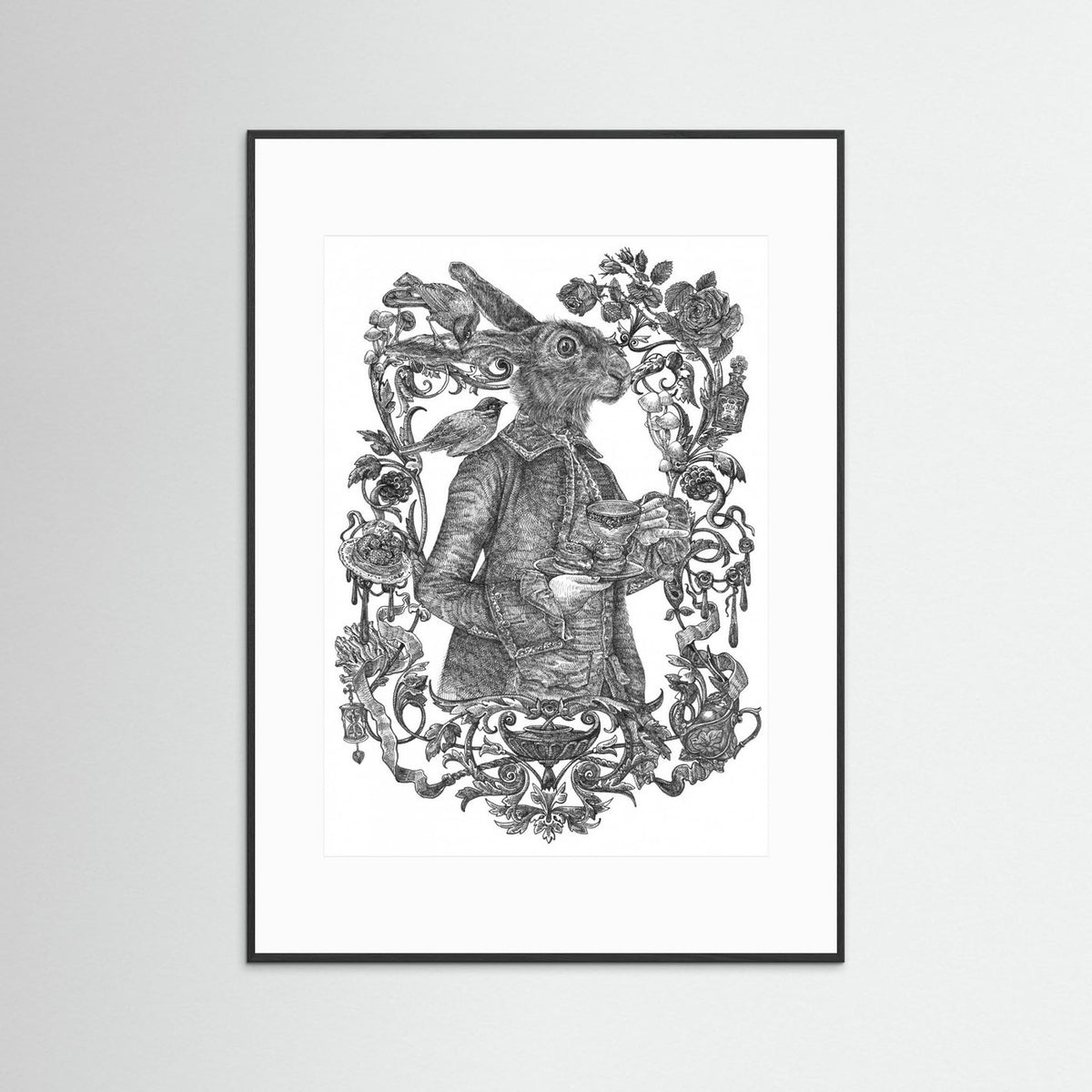 March Hare Vintage Illustration Black & White Framed Fine Art Print