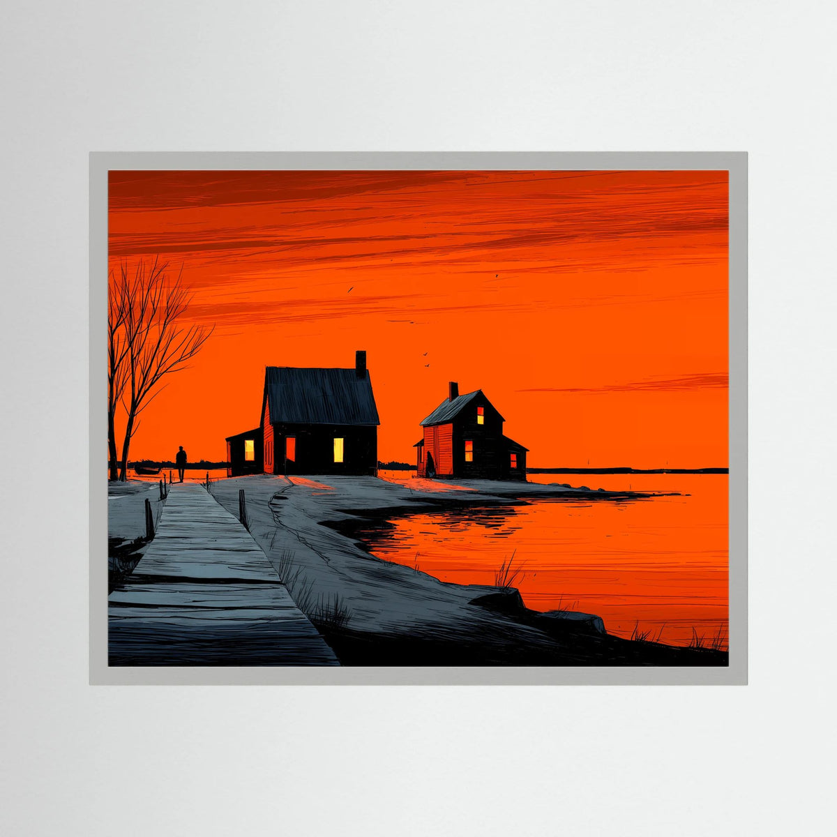 Orange Sunset Landscape Graphic Illustration Canvas Wall Art