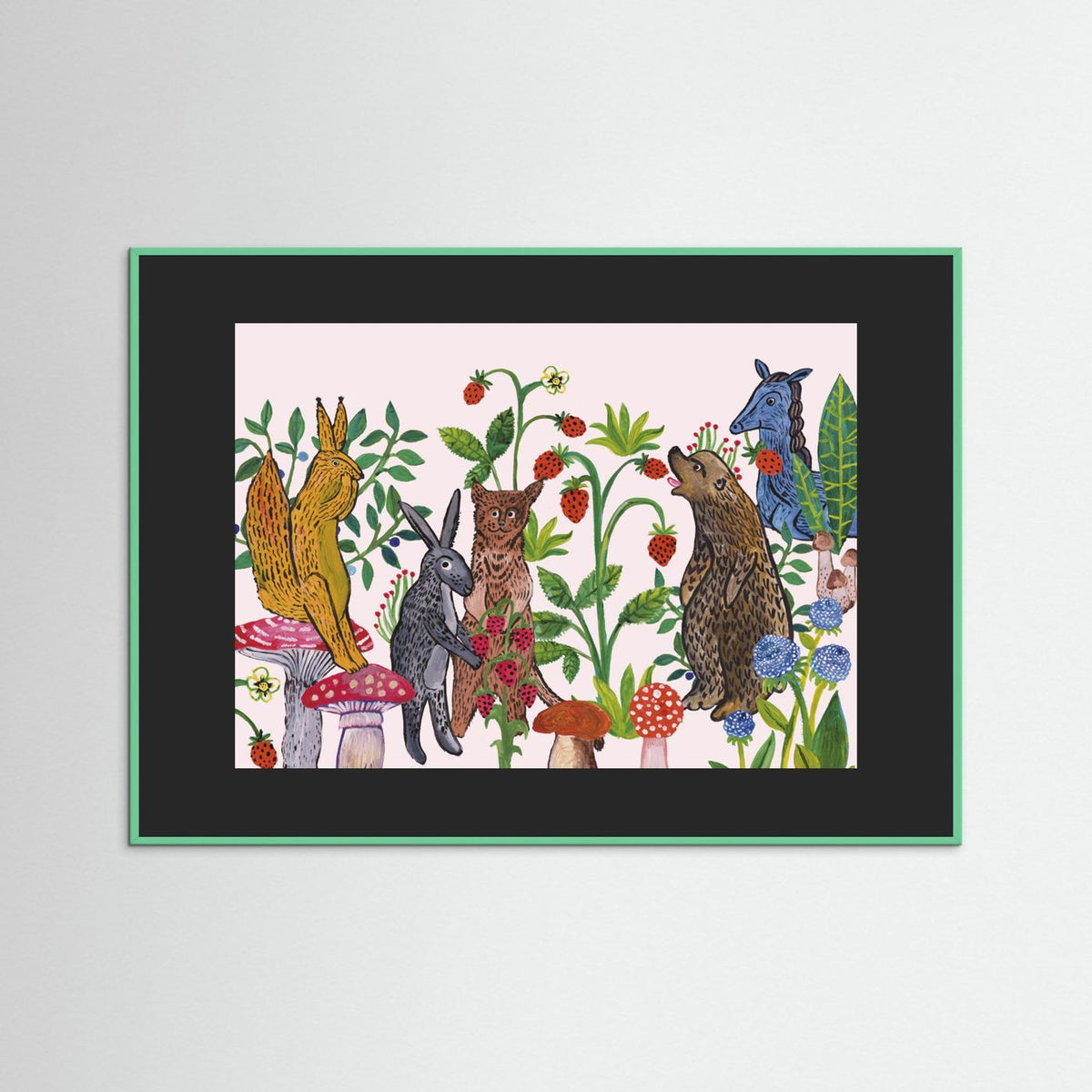 Mushroom Picking Folk Art Woodland Illustrated Framed Fine Art Print