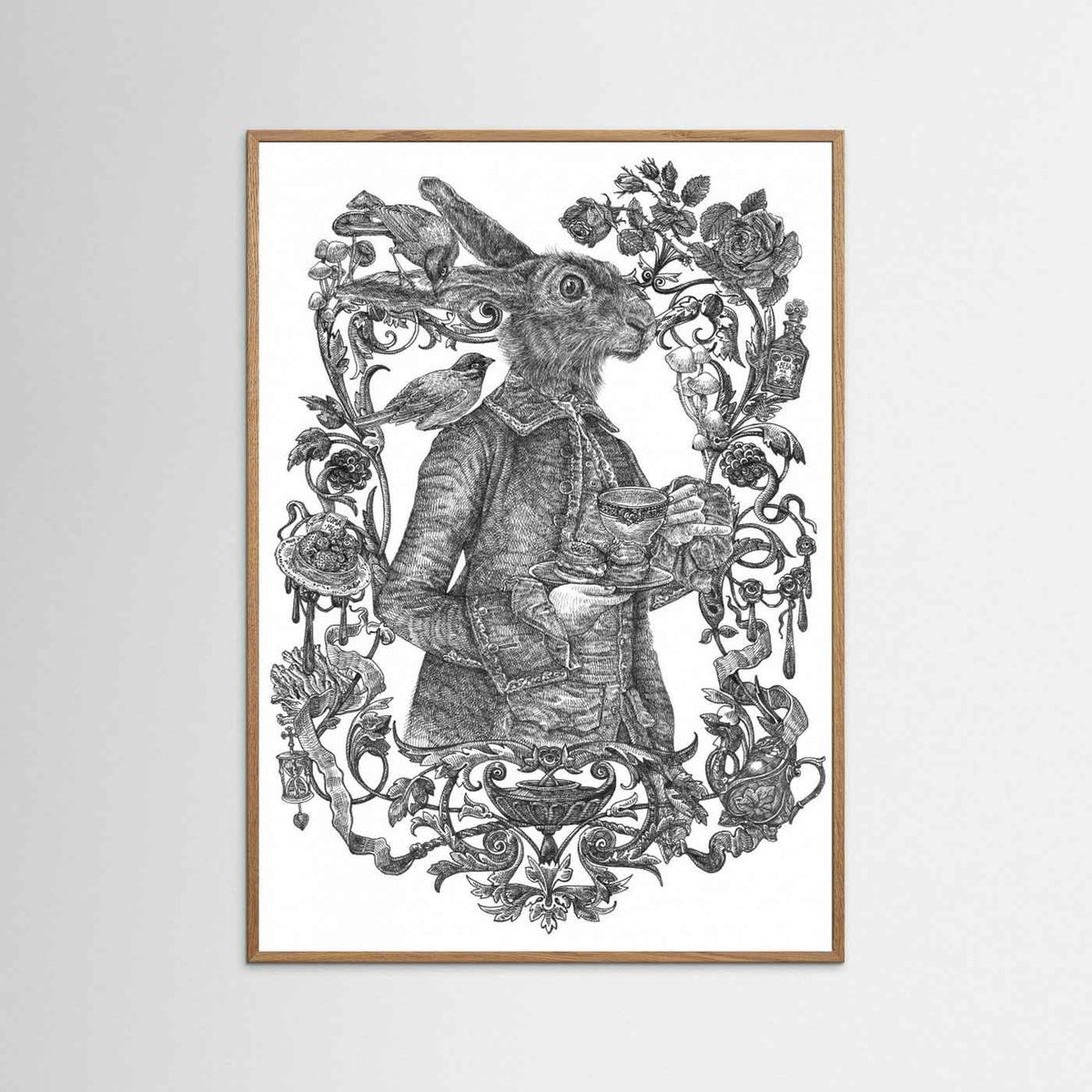 March Hare Vintage Illustration Black & White Framed Fine Art Print