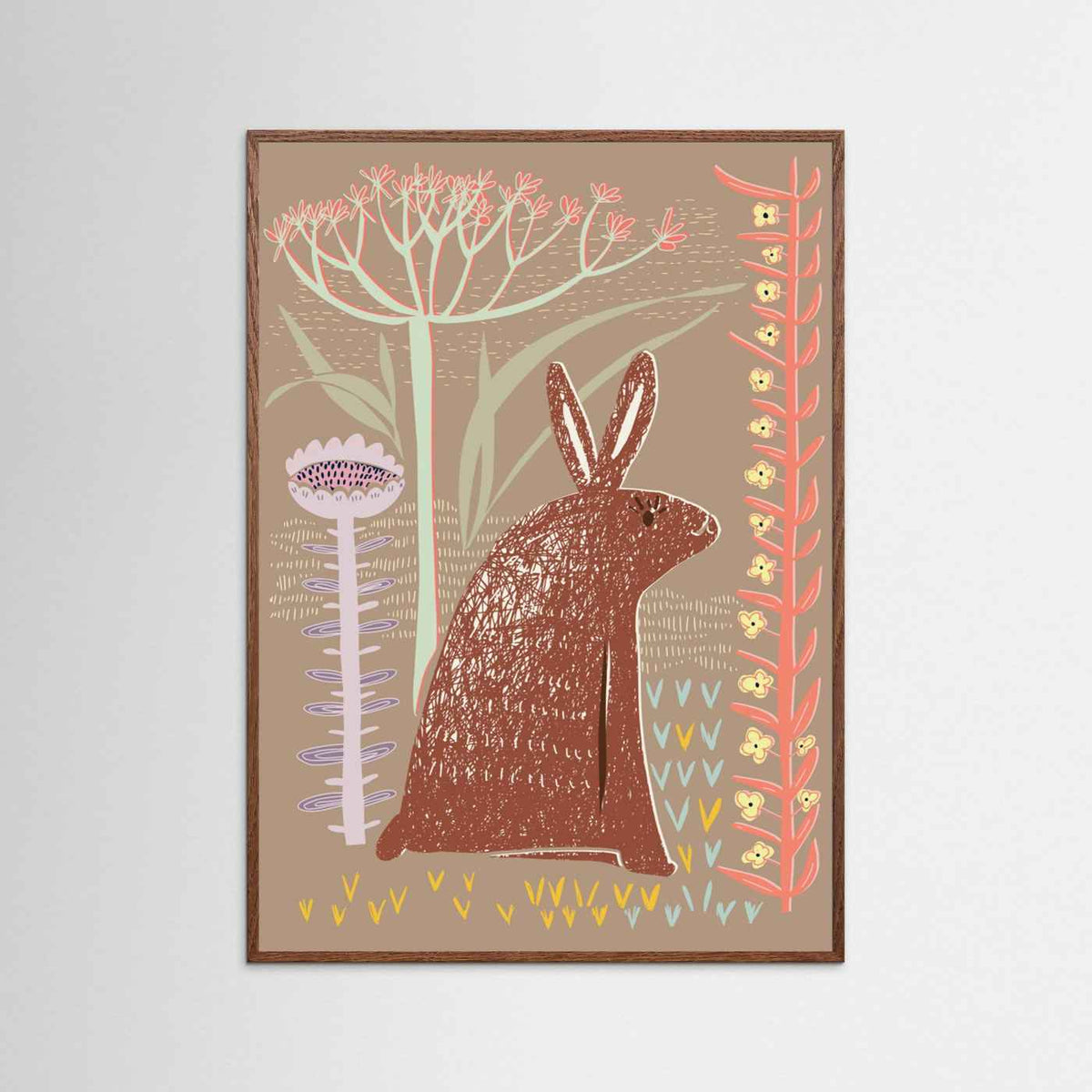 Block Print Brown Bunny Botanical Illustrated Framed Fine Art Print