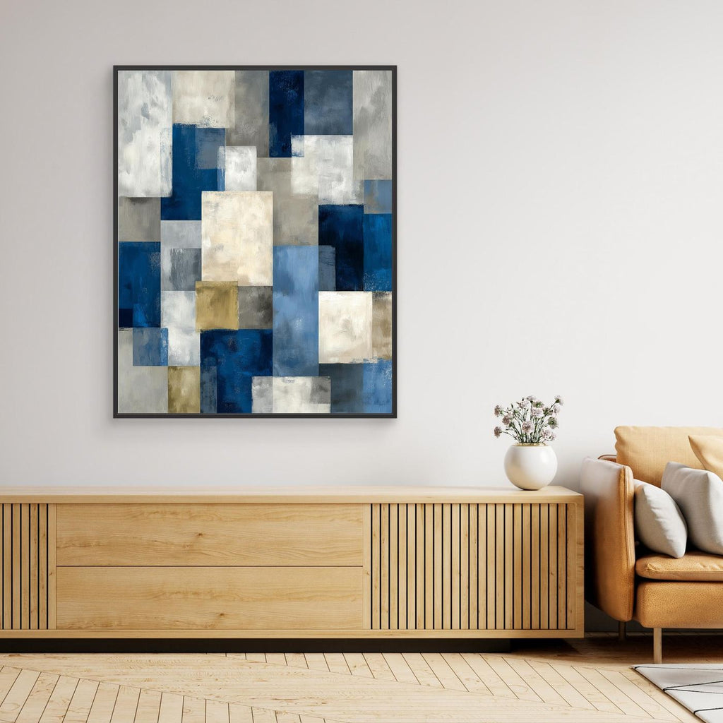 Blue Abstract Geometric Framed Pop Art Canvas