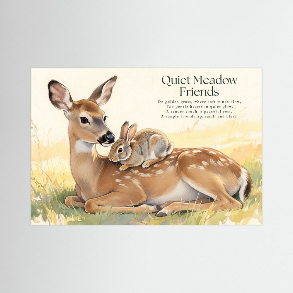 Quiet Meadow Friends Deer & Rabbit Woodland Illustration Framed Fine Art Print