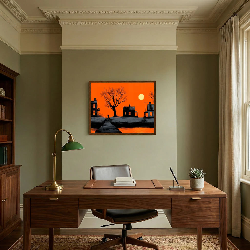 Orange Noir Sunset Waterfront Landscape Graphic Illustration Fine Art Paper Print