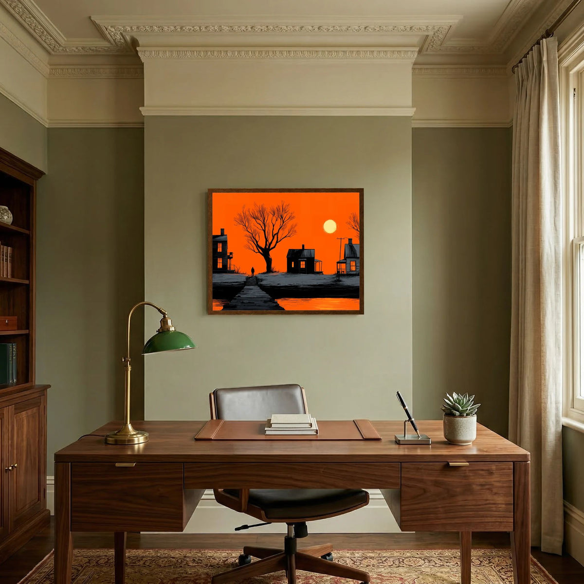 Orange Noir Sunset Waterfront Landscape Graphic Illustration Fine Art Paper Print