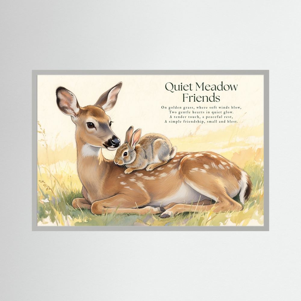 Quiet Meadow Friends Deer & Rabbit Woodland Illustration Framed Fine Art Print