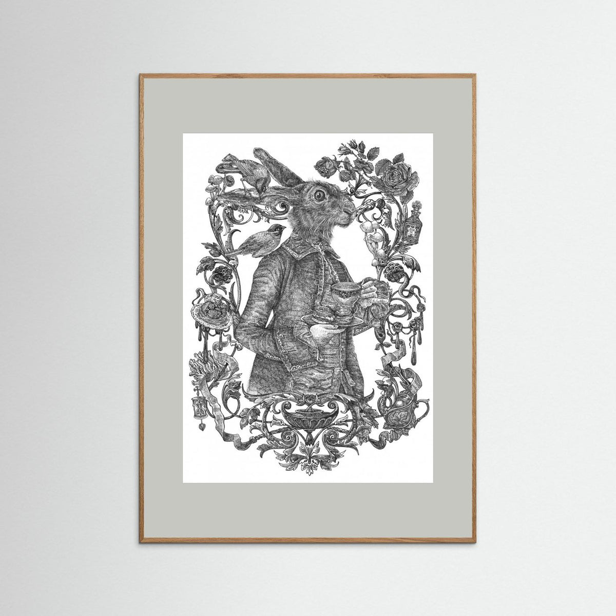 March Hare Vintage Illustration Black & White Framed Fine Art Print