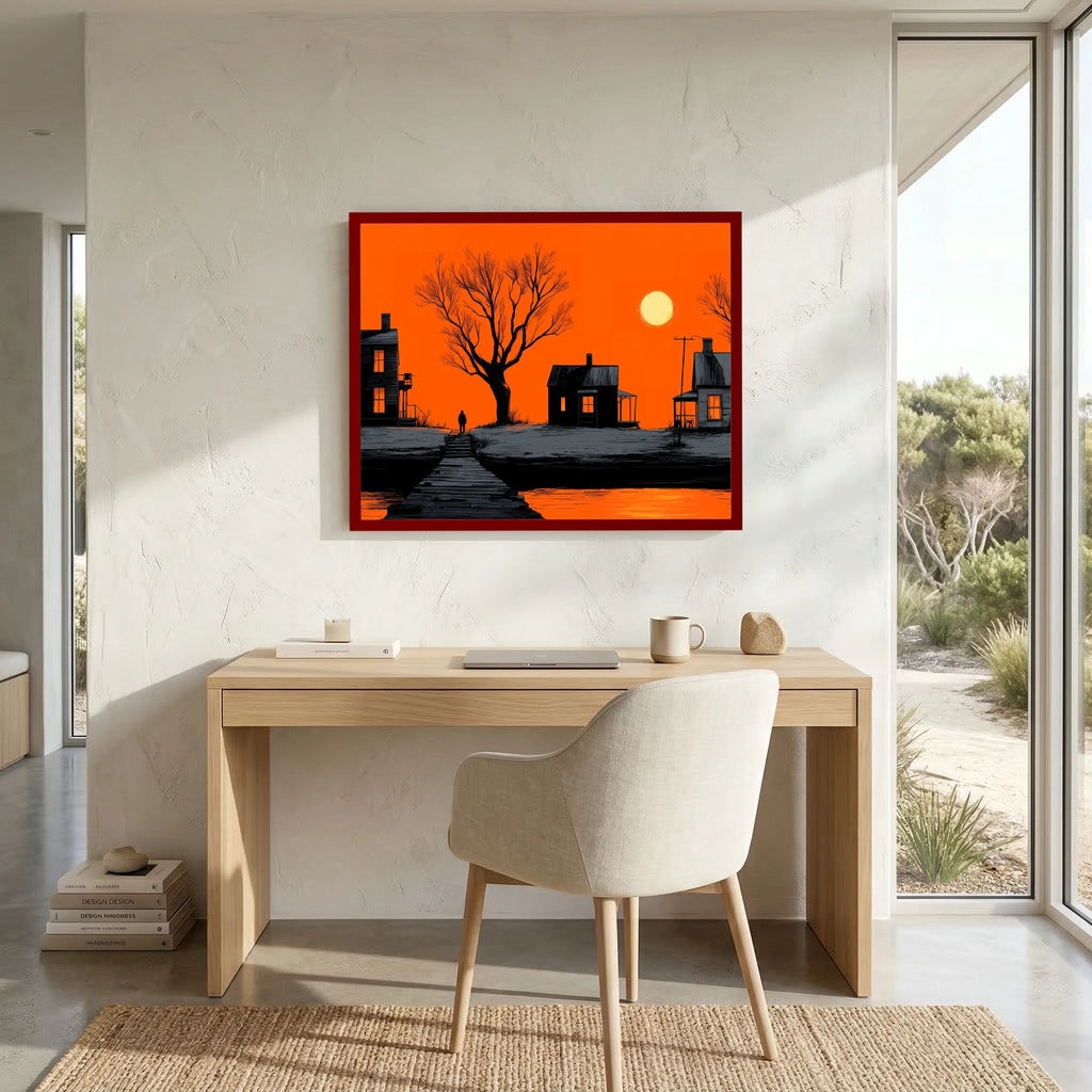 Orange Noir Sunset Waterfront Landscape Graphic Illustration Fine Art Paper Print