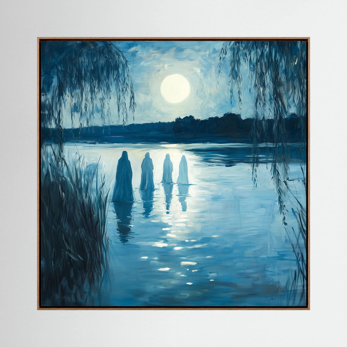 Ethereal Moonlit Figures on Water Landscape Canvas Wall Art