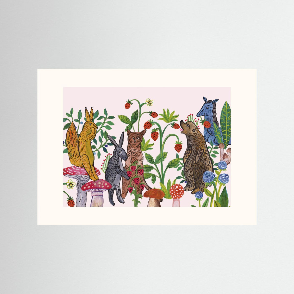 Mushroom Picking Folk Art Woodland Illustrated Framed Fine Art Print