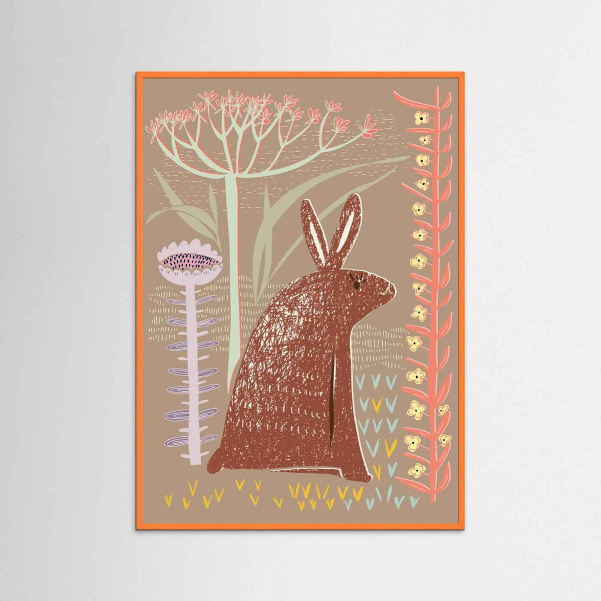 Block Print Brown Bunny Botanical Illustrated Framed Fine Art Print
