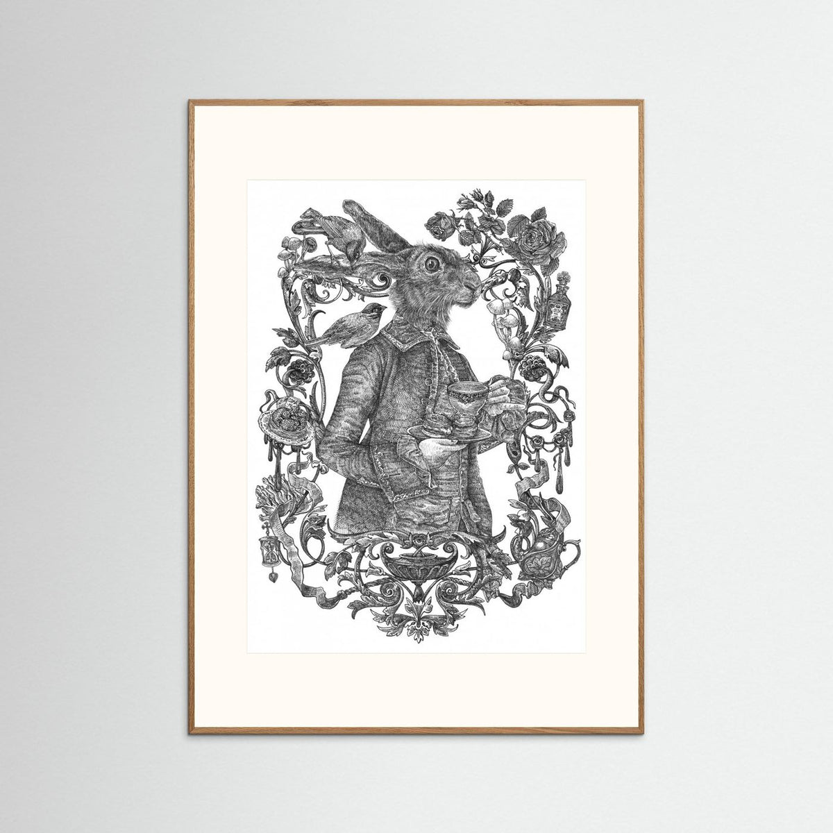 March Hare Vintage Illustration Black & White Framed Fine Art Print
