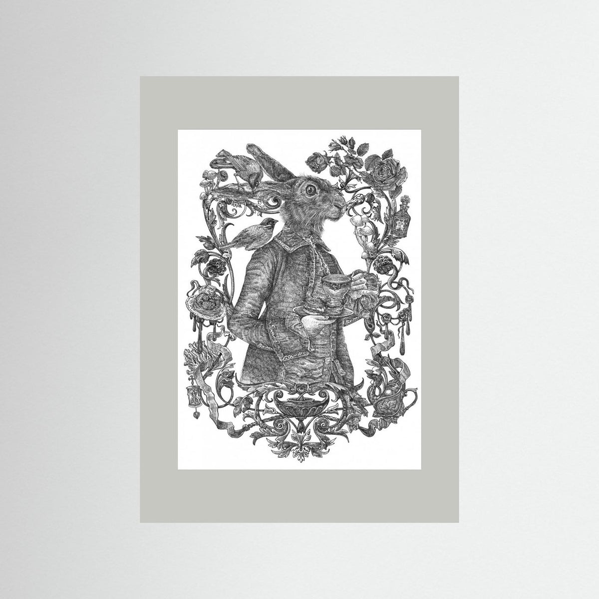 March Hare Vintage Illustration Black & White Framed Fine Art Print