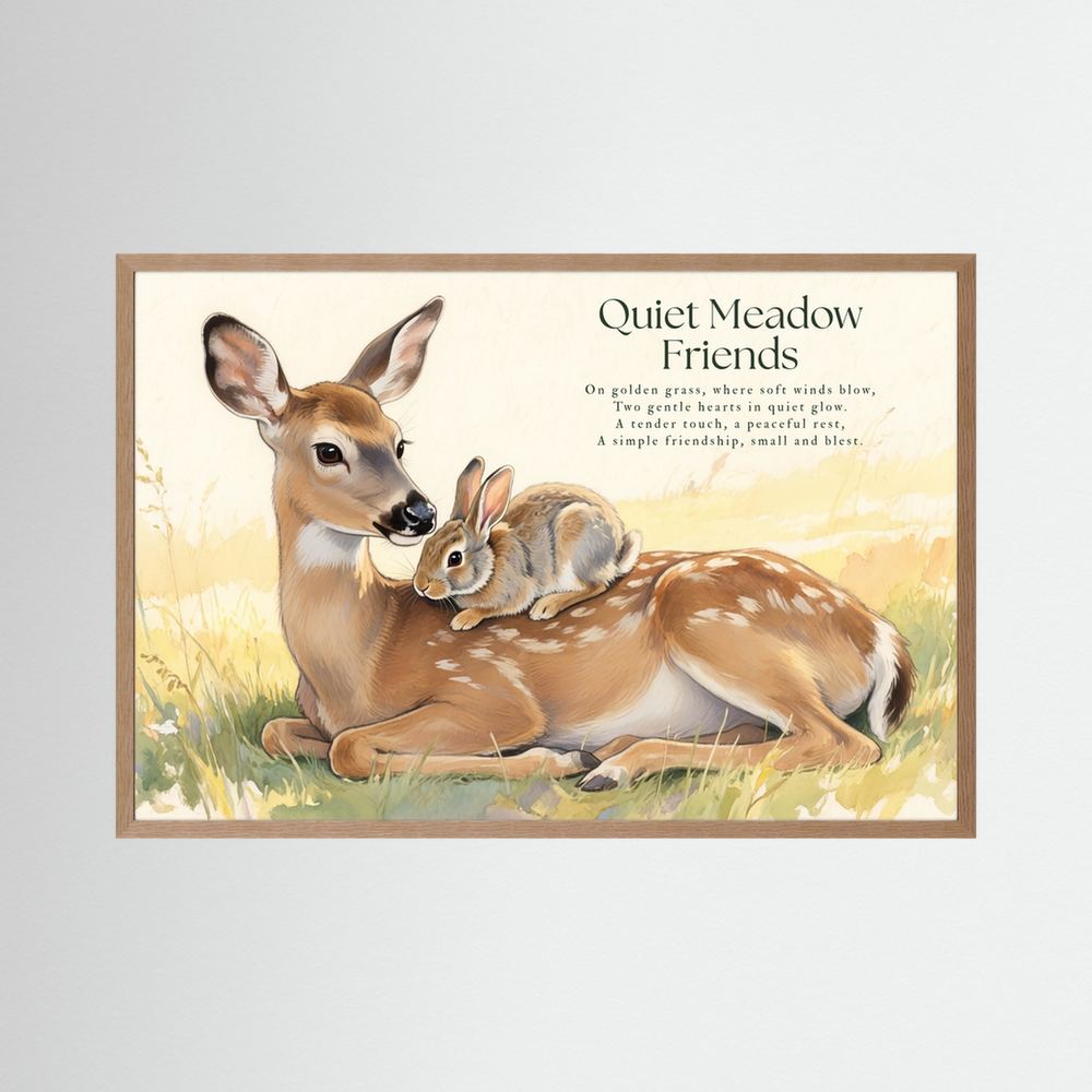 Quiet Meadow Friends Deer & Rabbit Woodland Illustration Framed Fine Art Print