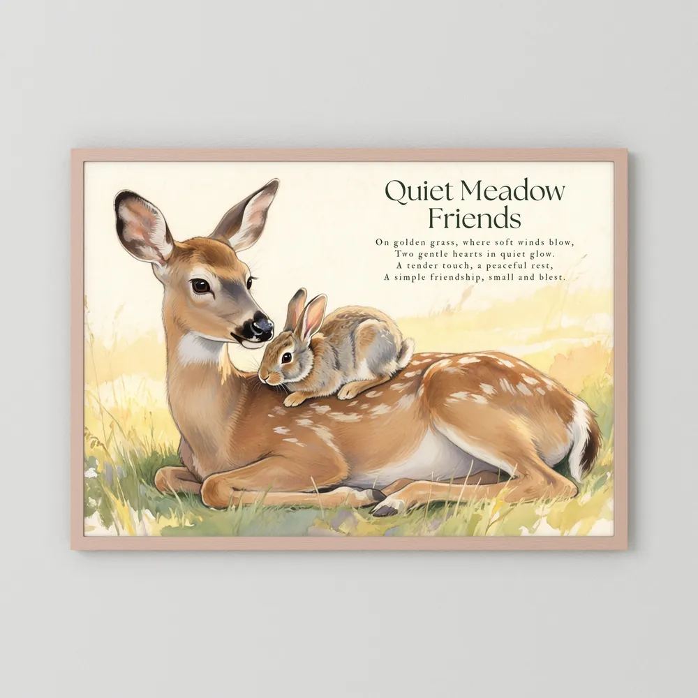 Quiet Meadow Friends Deer & Rabbit Woodland Illustration Framed Fine Art Print