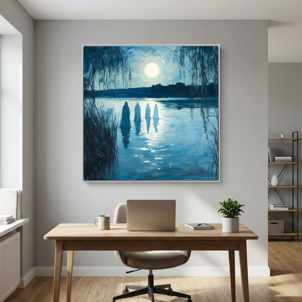 Ethereal Moonlit Figures on Water Landscape Canvas Wall Art