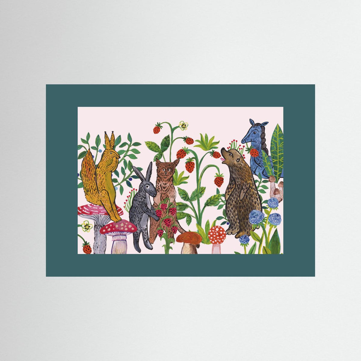 Mushroom Picking Folk Art Woodland Illustrated Framed Fine Art Print