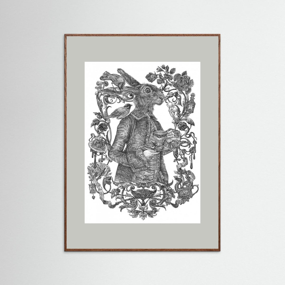 March Hare Vintage Illustration Black & White Framed Fine Art Print