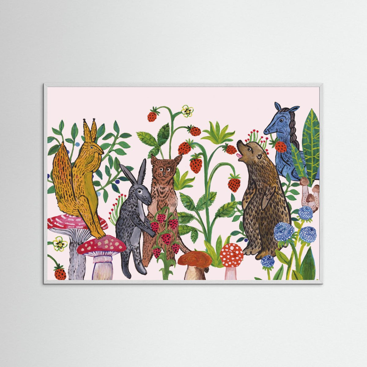 Mushroom Picking Folk Art Woodland Illustrated Framed Fine Art Print