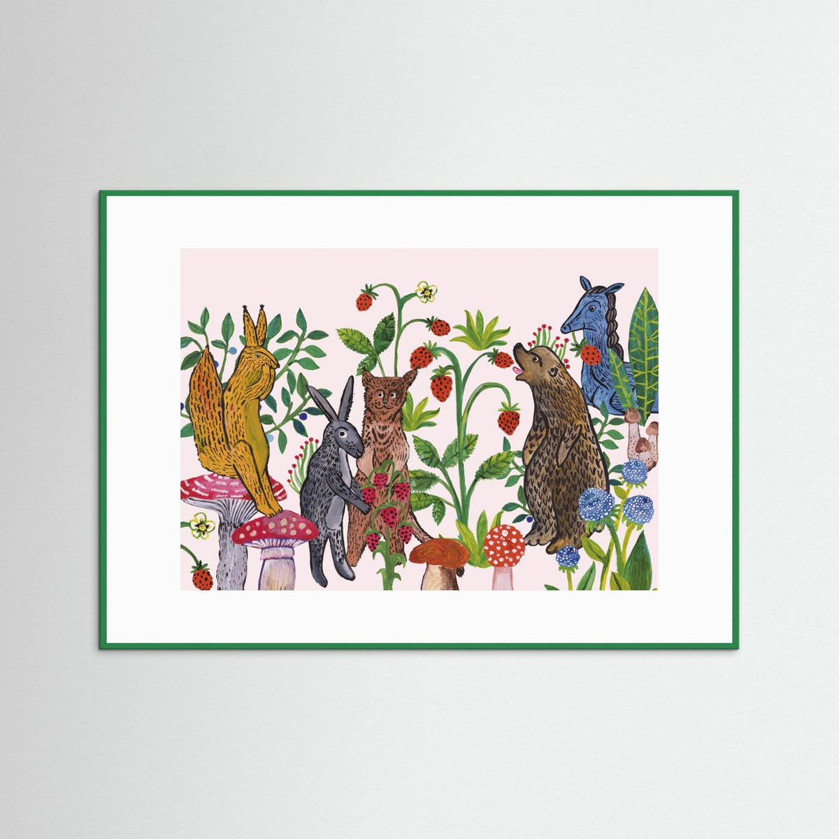 Mushroom Picking Folk Art Woodland Illustrated Framed Fine Art Print