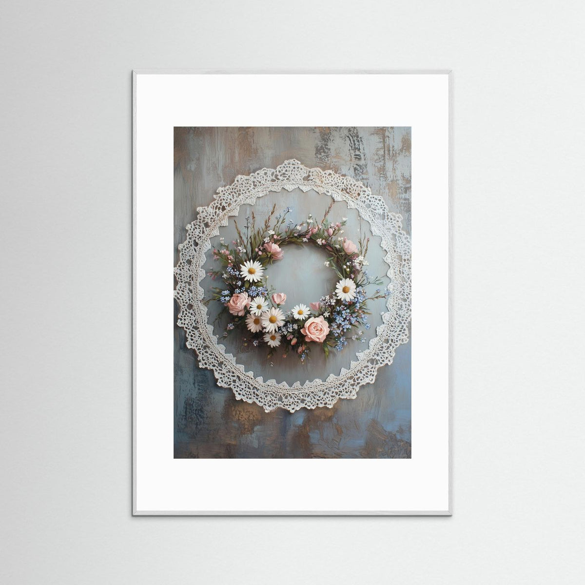 Vintage Floral Wreath with Lace Border Fine Art Paper Print