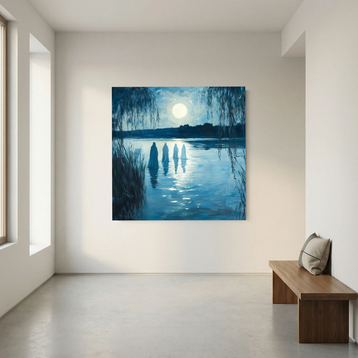 Ethereal Moonlit Figures on Water Landscape Canvas Wall Art