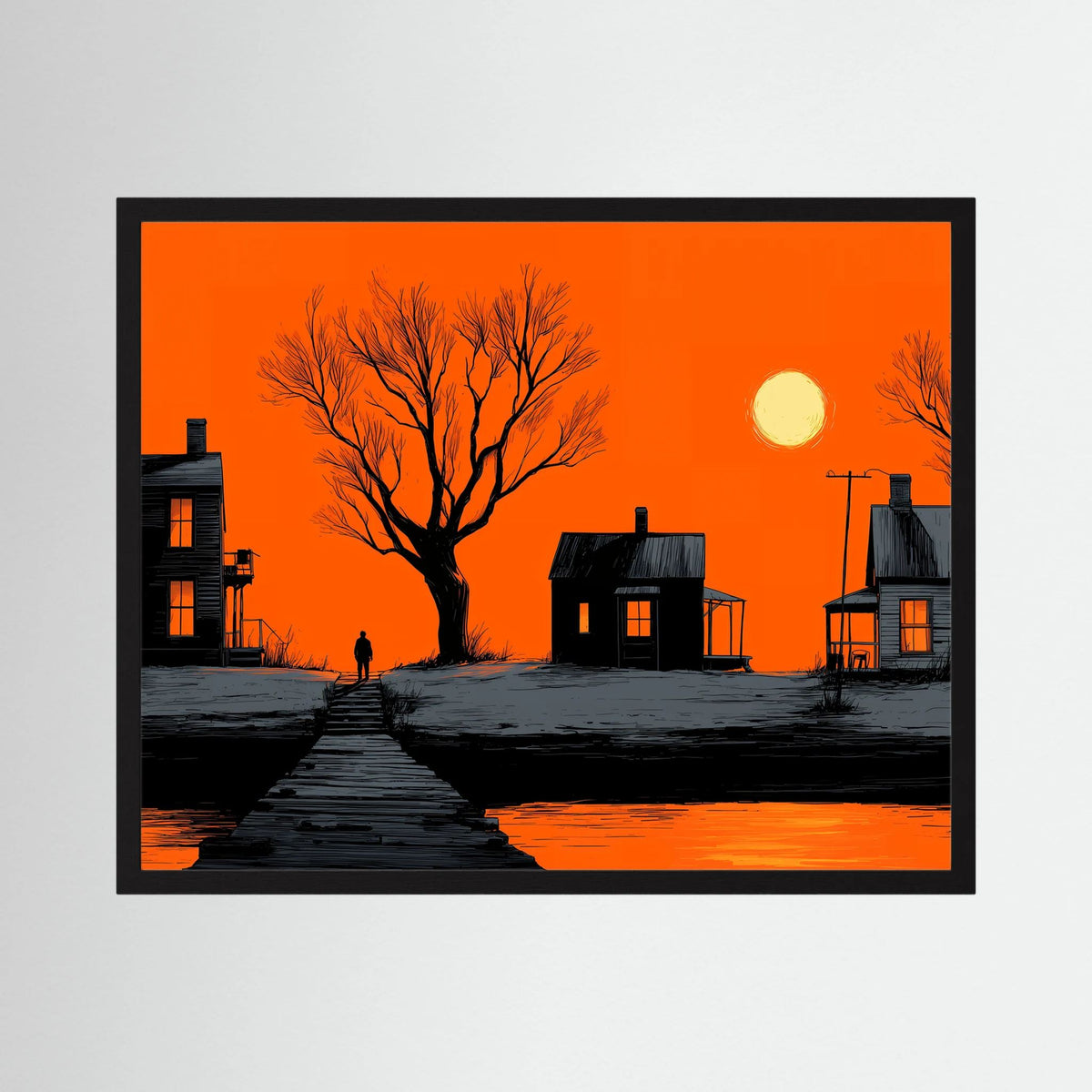 Orange Noir Sunset Waterfront Landscape Graphic Illustration Fine Art Paper Print