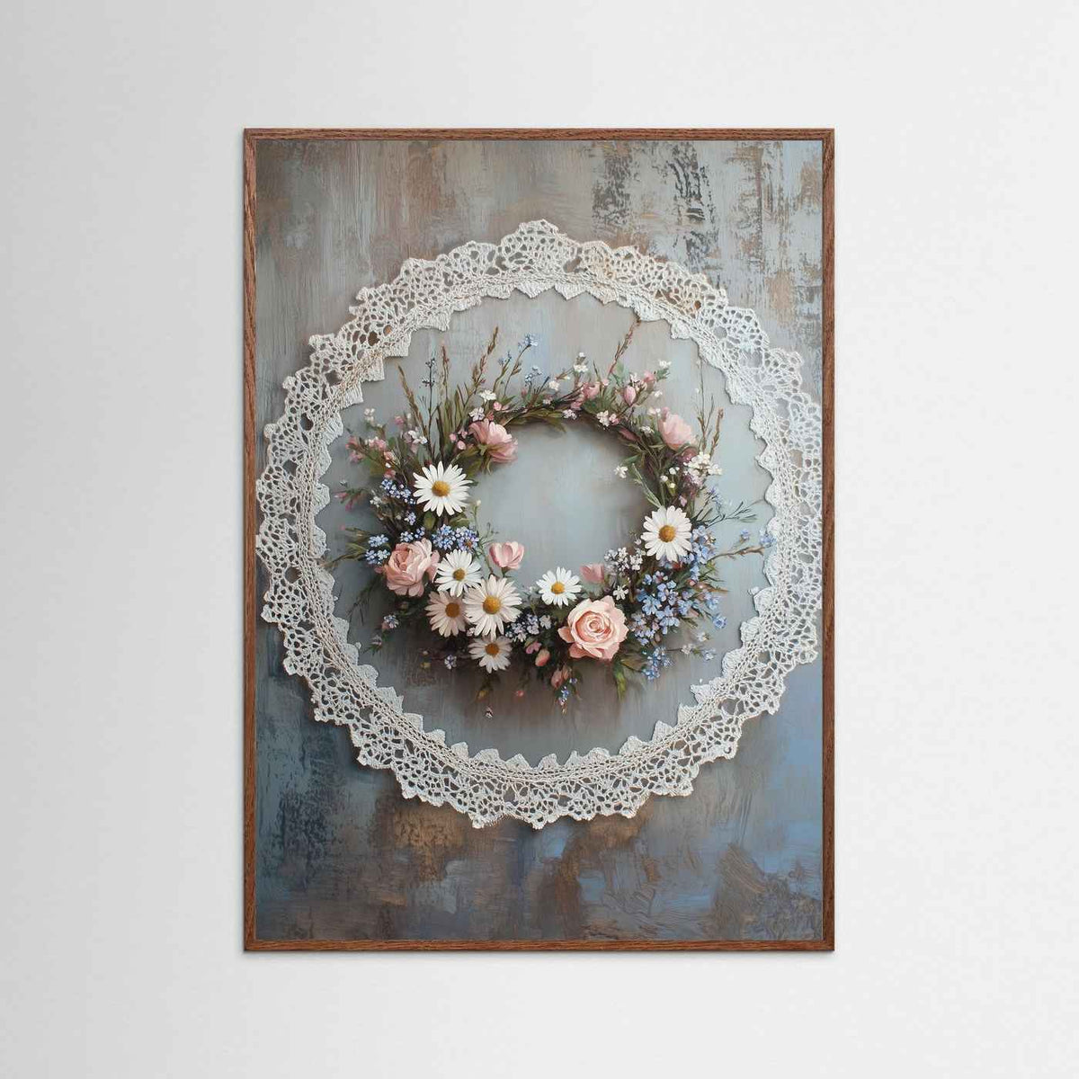Vintage Floral Wreath with Lace Border Fine Art Paper Print