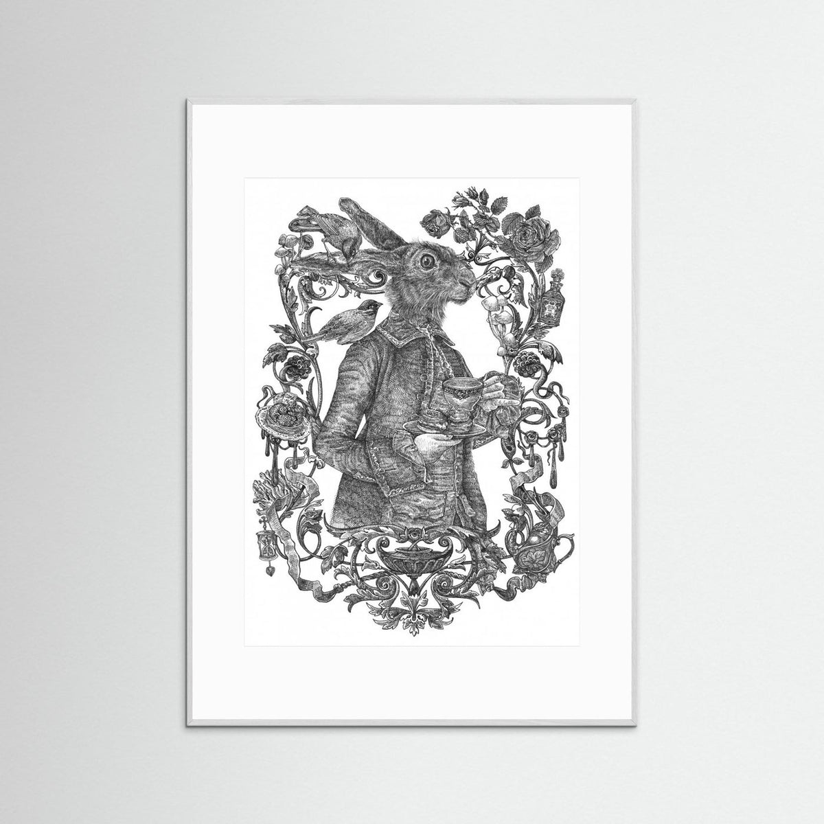 March Hare Vintage Illustration Black & White Framed Fine Art Print