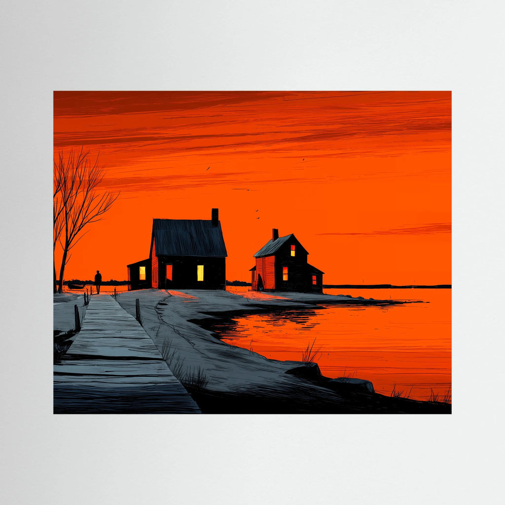 Orange Sunset Landscape Graphic Illustration Canvas Wall Art