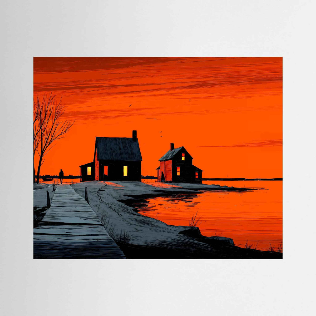Orange Sunset Landscape Graphic Illustration Fine Art Print