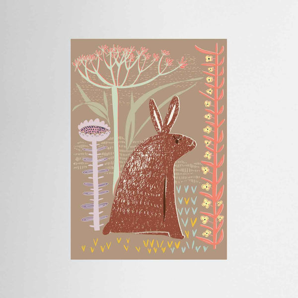 Block Print Brown Bunny Botanical Illustrated Framed Fine Art Print