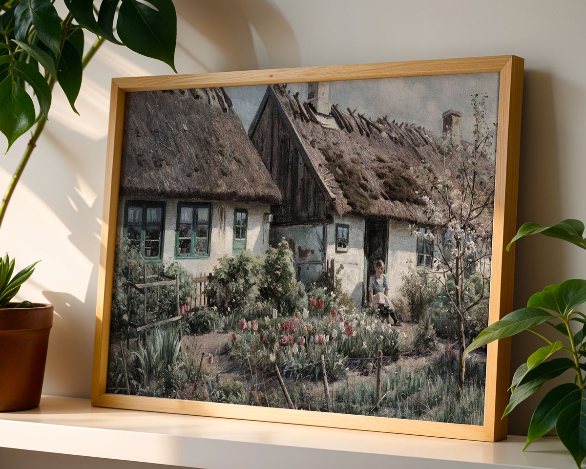 Cottage Garden with Tulips, Countryside Wall Art Print, Danish Rural Home Decor