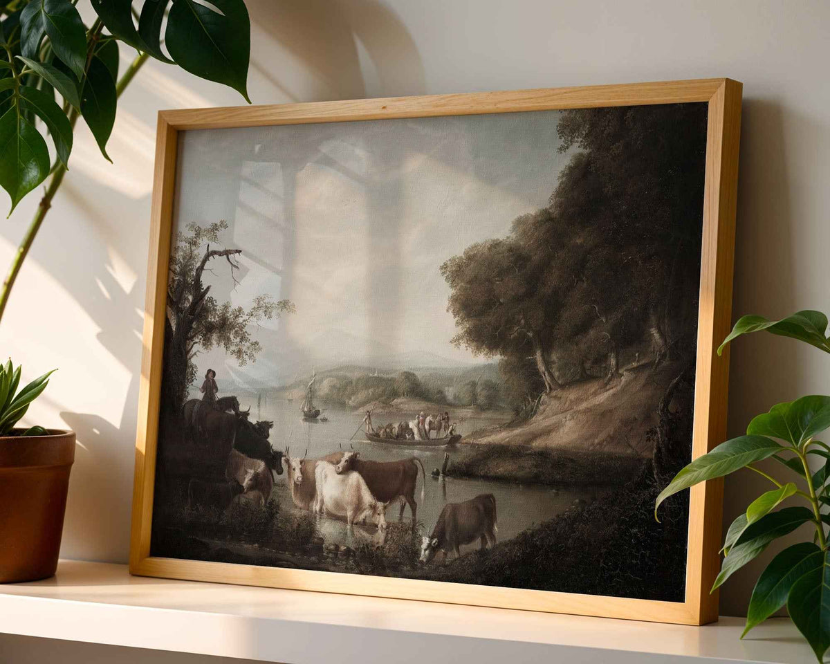 River Landscape with Cattle and Boats Print