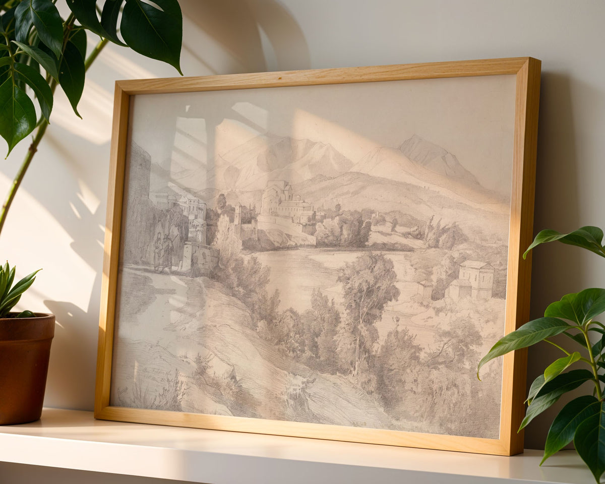 Classical Italian Landscape with River and Mountains Art Print