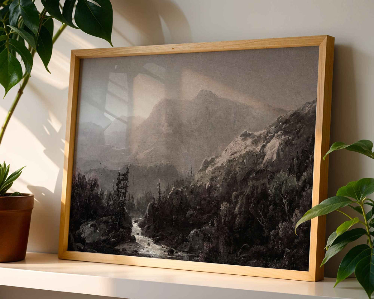 Mountain River Valley Mist – Moody Landscape Art Print