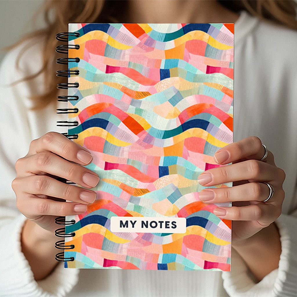 Colourful Abstract Waves A5 Spiral Notebook – Coral & Teal Lined Journal