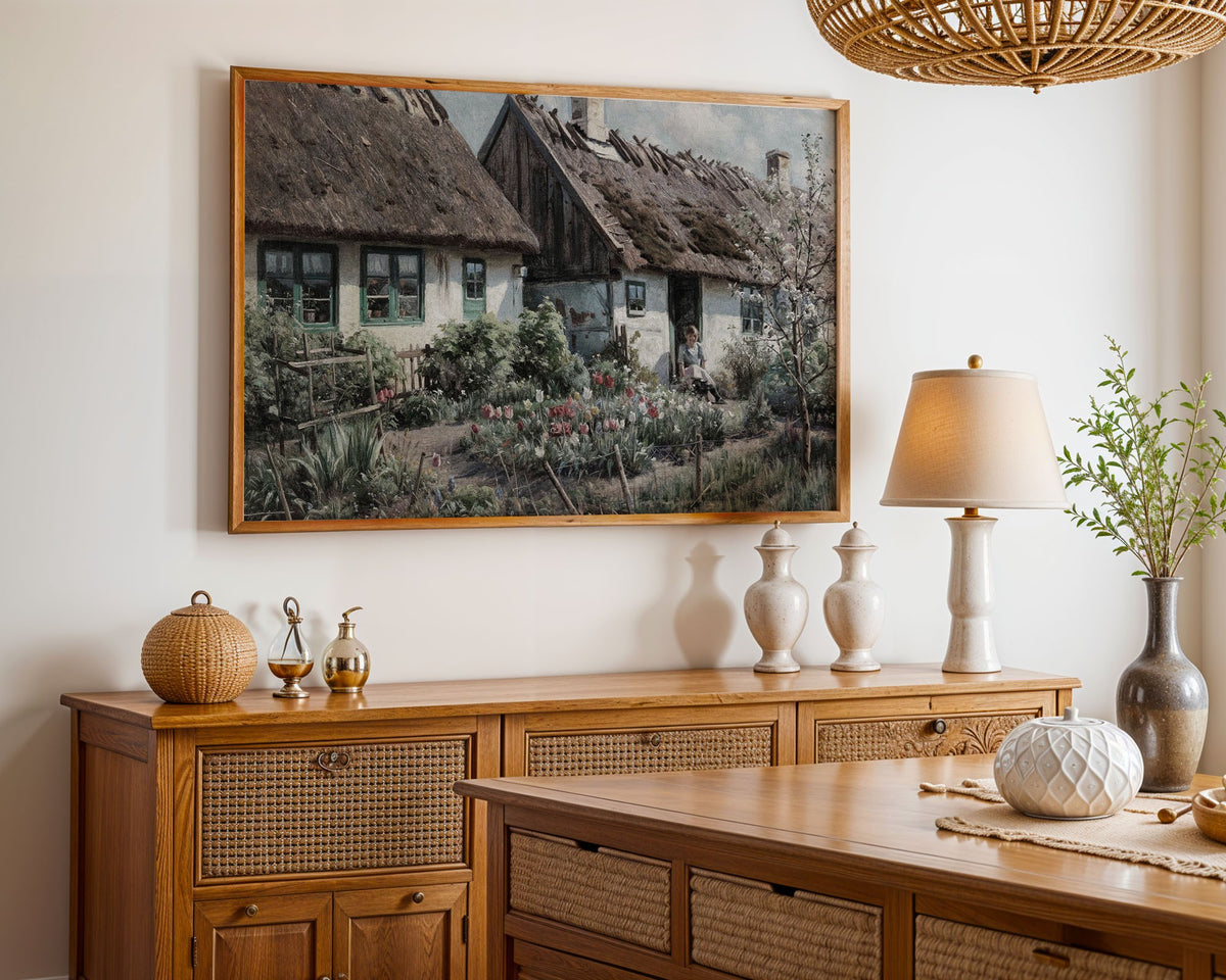 Cottage Garden with Tulips, Countryside Wall Art Print, Danish Rural Home Decor