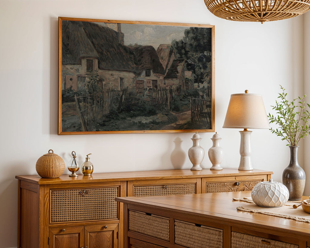 Rustic Farmyard Cottages – Rural Landscape Art Print