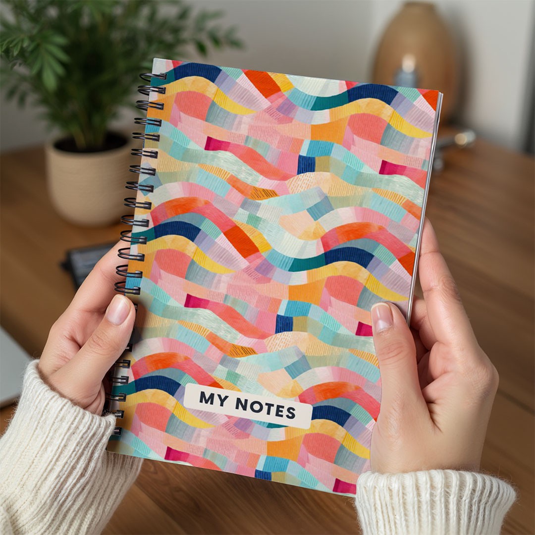Colourful Abstract Waves A5 Spiral Notebook – Coral & Teal Lined Journal