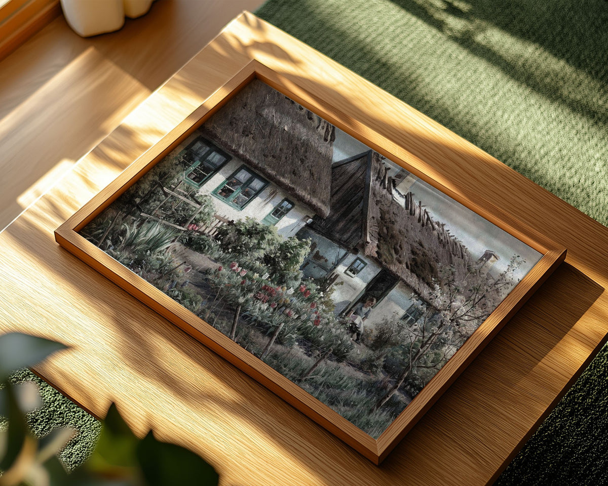 Cottage Garden with Tulips, Countryside Wall Art Print, Danish Rural Home Decor