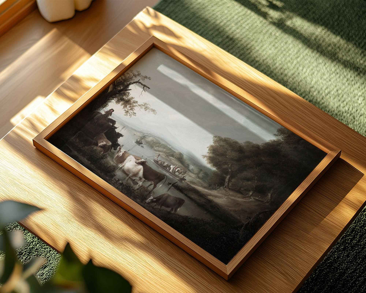 River Landscape with Cattle and Boats Print
