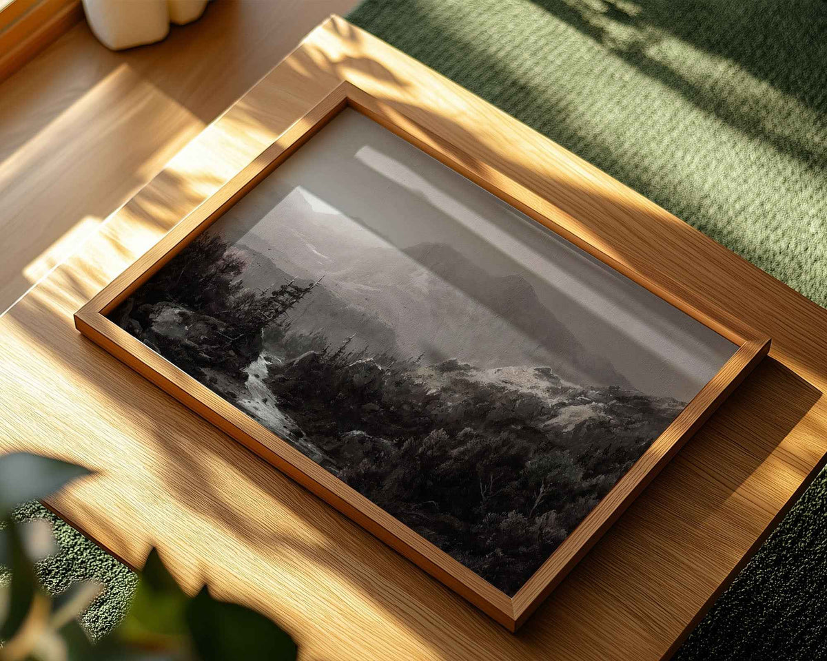 Mountain River Valley Mist – Moody Landscape Art Print