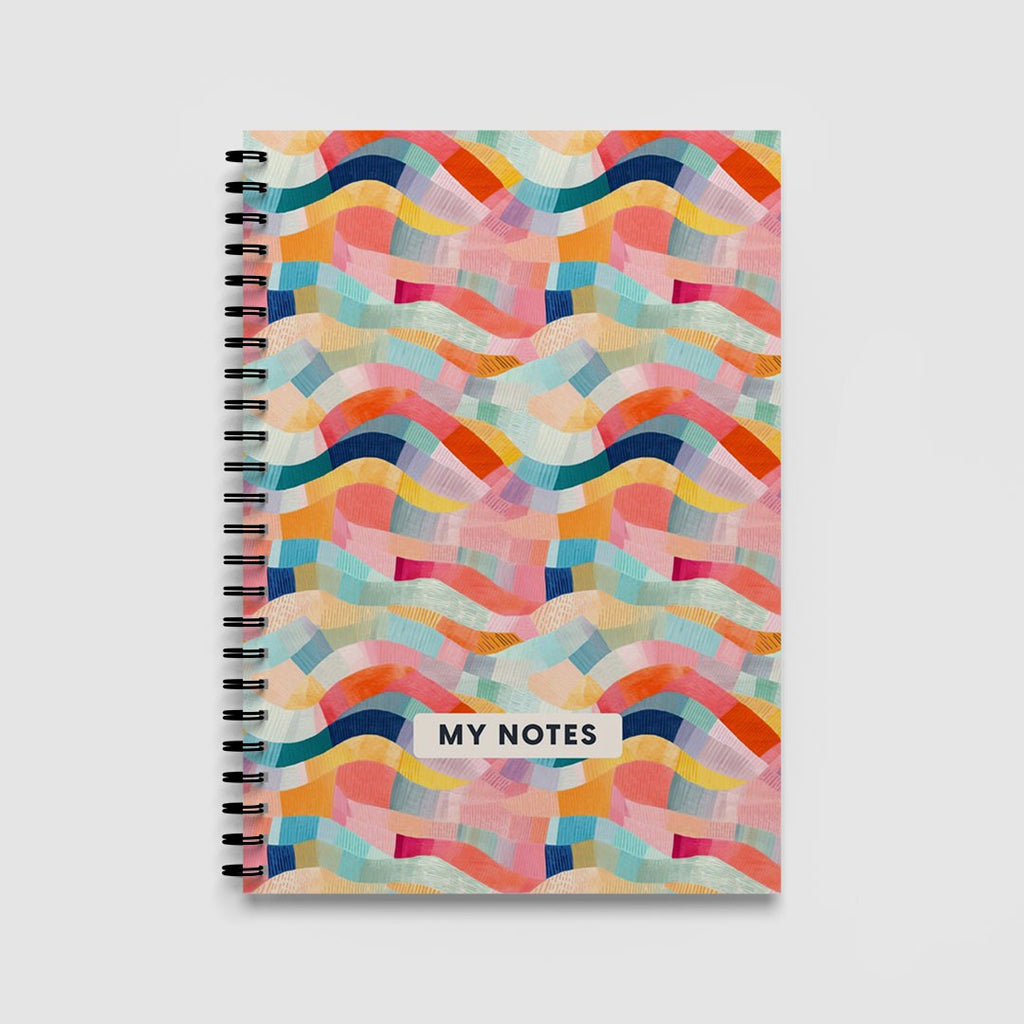Colourful Abstract Waves A5 Spiral Notebook – Coral & Teal Lined Journal