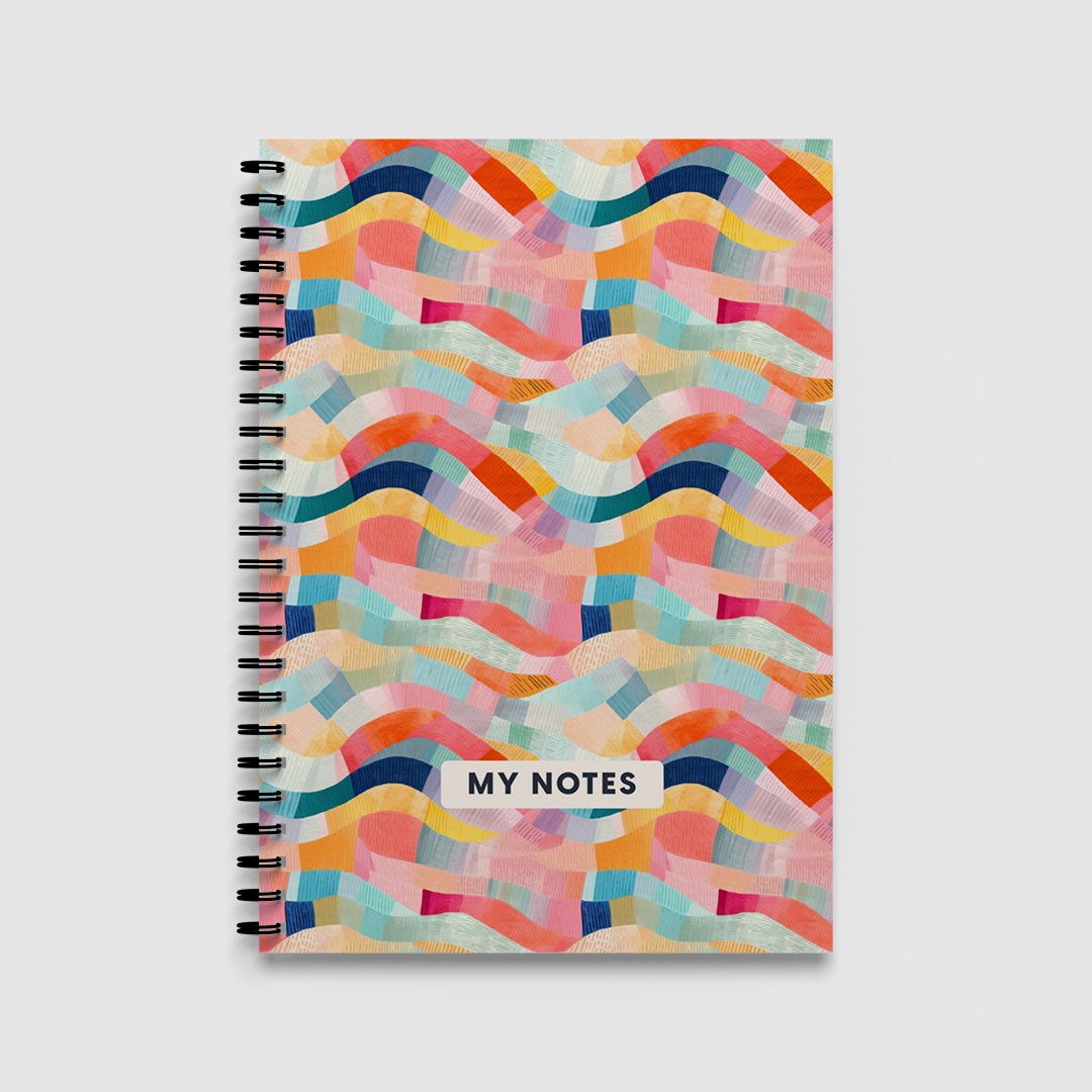 Colourful Abstract Waves A5 Spiral Notebook – Coral & Teal Lined Journal