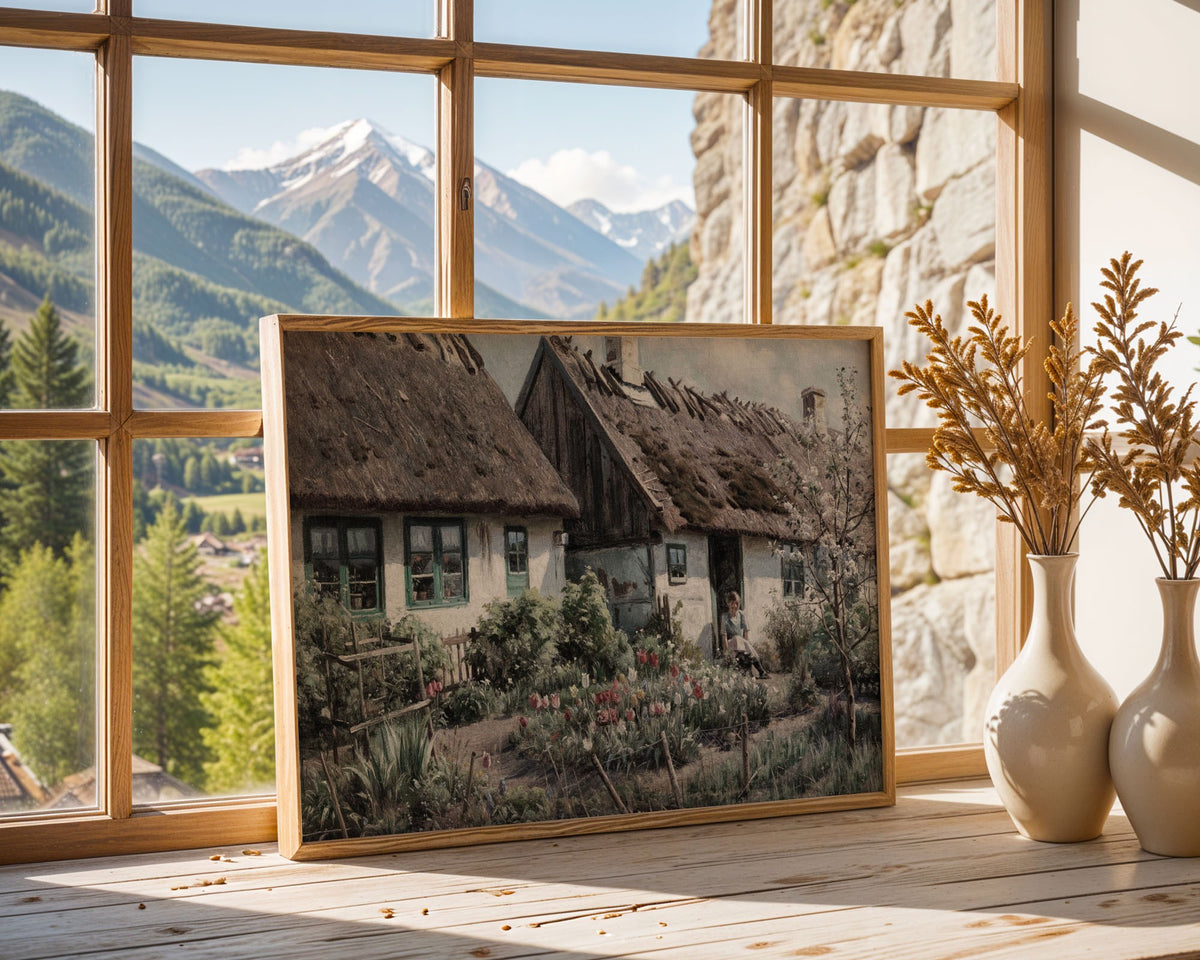 Cottage Garden with Tulips, Countryside Wall Art Print, Danish Rural Home Decor