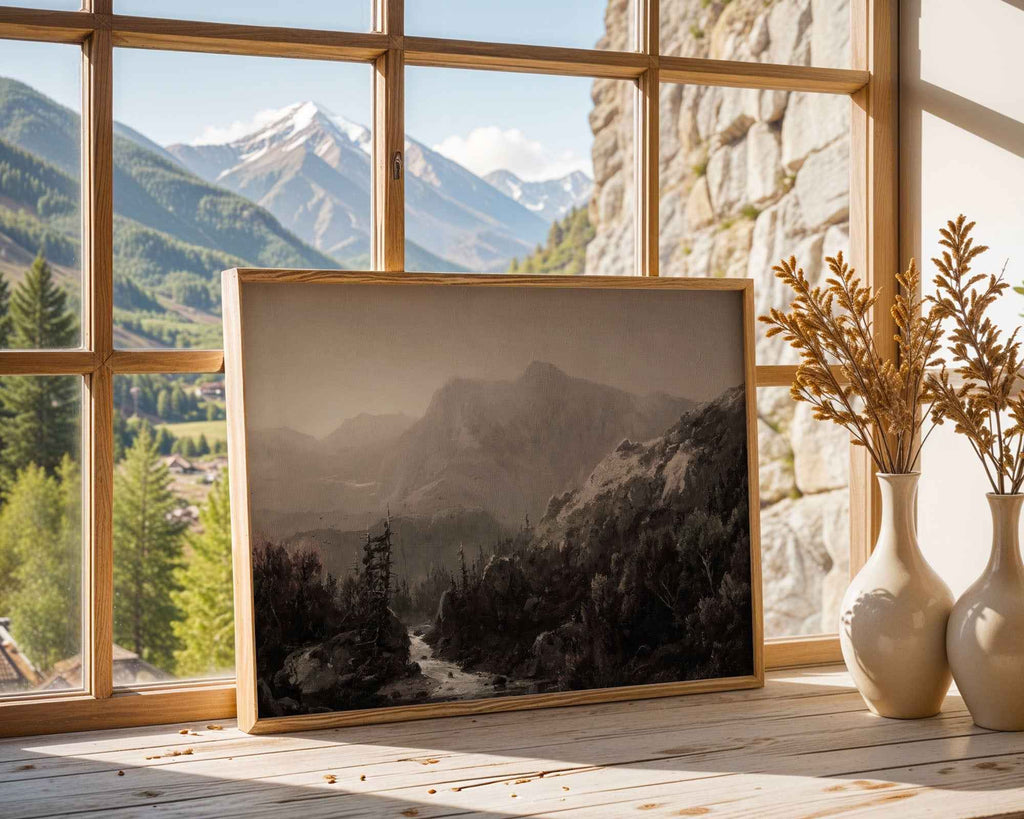 Mountain River Valley Mist – Moody Landscape Art Print